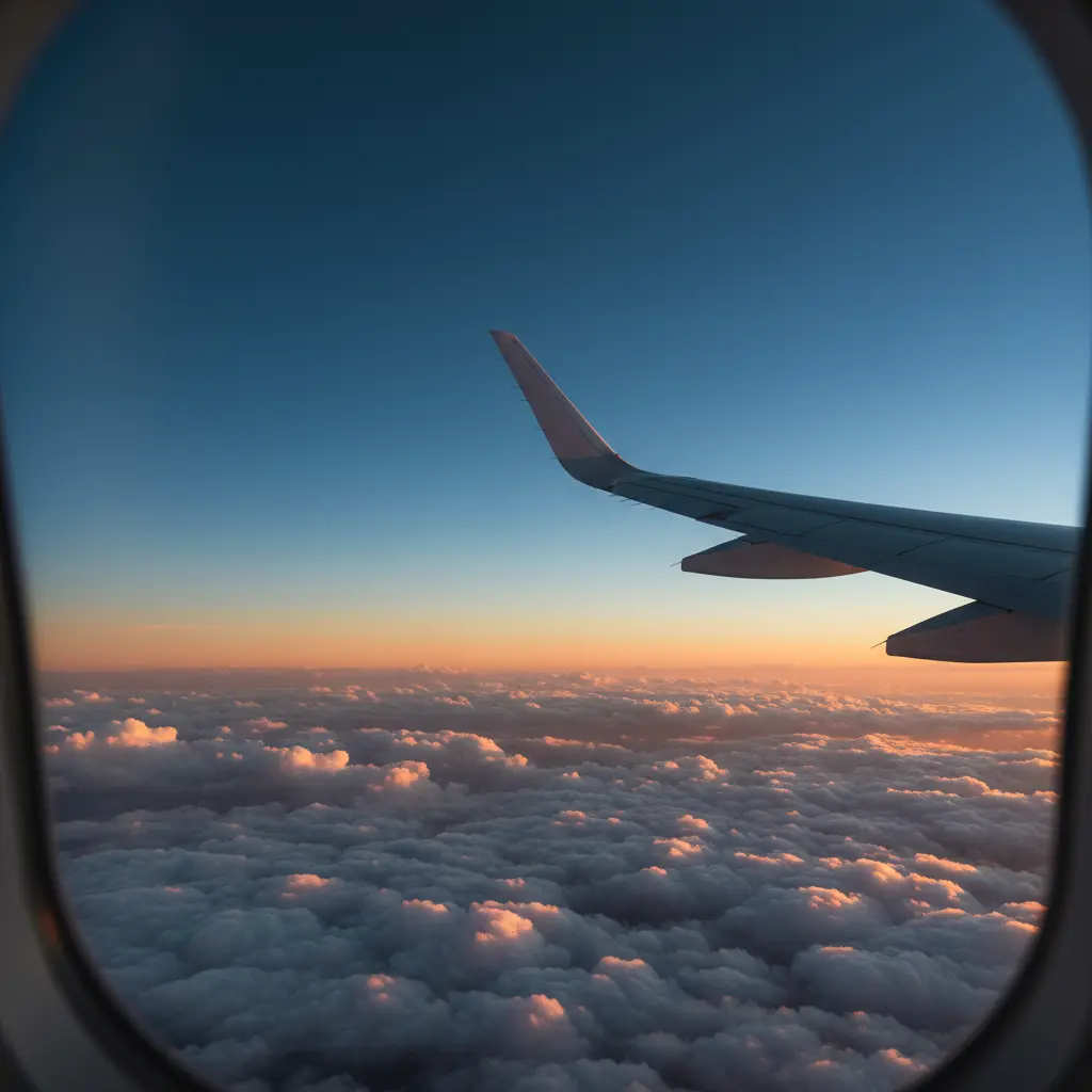Vista da janela do avião sobre as nuvens em voo internacional com pontos Azul