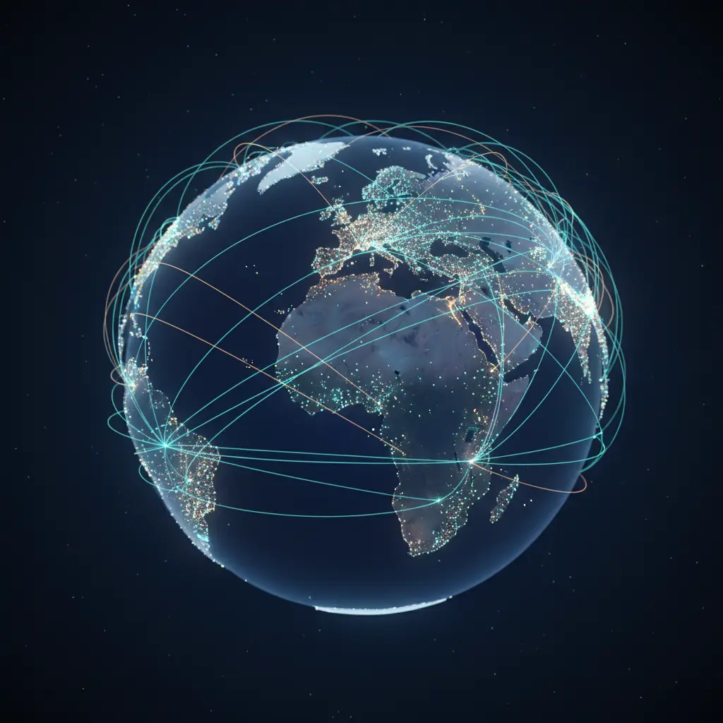 Globo com rotas aéreas conectando cidades, representando a cobertura da API de milhas